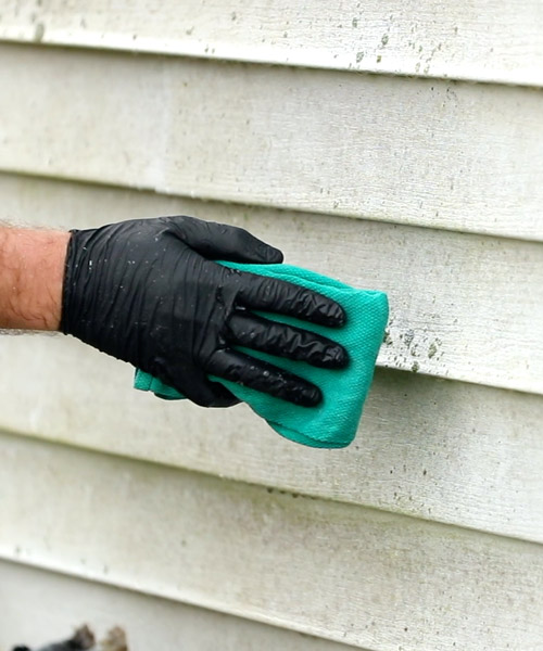 A person holding a green cloth ready for house washing, wearing black gloves.