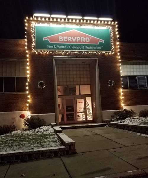 Commercial building with newly installed holiday lighting.